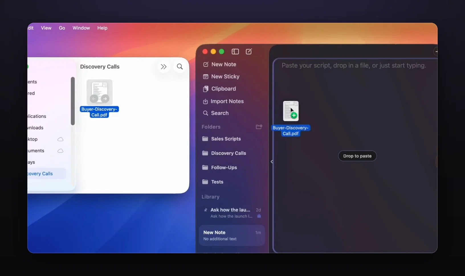 A PDF being dragged from a Finder window into an empty GlideRail note, with a Drop to paste label