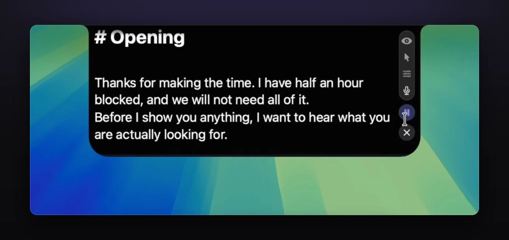 A GlideRail note at the top center of a Mac screen, its text set large