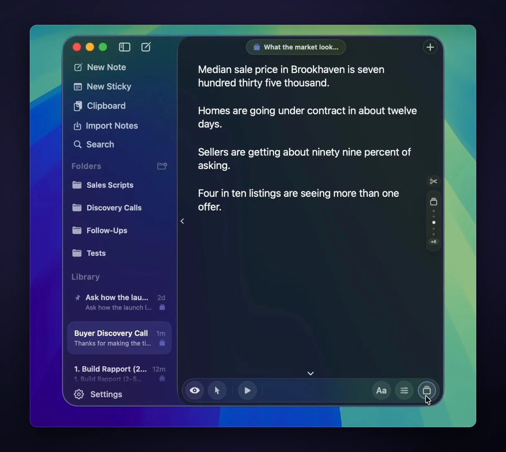The GlideRail notes app: a sidebar with folders and a library of notes, and a note open in the editor